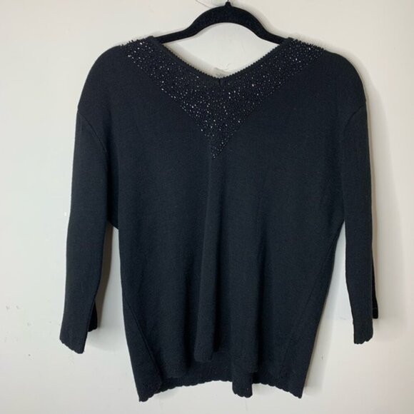 Women’s Sweater Vintage 90s Dolce Bella Wool Sequin Embroidery Black Scalloped - Picture 10 of 11